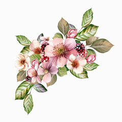 Watercolor festive bouquet of beautiful flowers and fruity blackberries with green leaves. - 726541165