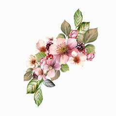 Watercolor festive bouquet of beautiful flowers and fruity blackberries with green leaves. - 726541188