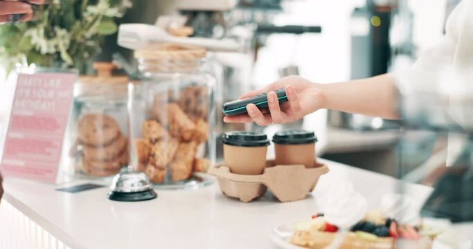 Cafe, hands or phone payment on a machine by a customer on technology for meal in coffee shop. Digital, financial app service closeup or person in store for shopping, buying or paying bills for food
