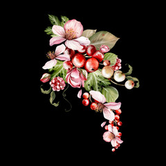 Watercolor festive bouquet of beautiful flowers and fruity blackberries with green leaves. - 726541304