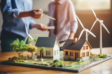 Wind turbine powers homes in scenic countryside,Close-up of teacher, student ,house model with solar system and wind turbine during a school lesson - obrazy, fototapety, plakaty