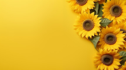 Sunflowers on yellow background with copy space. Top View, Space for Text