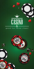 Casino advertising with elements of casino games on a green background.  3D vector. High detailed realistic illustration.