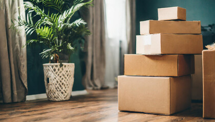 cardboard boxes with household items symbolize moving, relocation, and renovation, conveying the anticipation and transition of a new home - obrazy, fototapety, plakaty