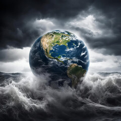 Globe Earth in raging waves. - obrazy, fototapety, plakaty