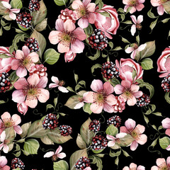 Watercolor seamless pattern of beautiful flowers and blackberries with green leaves. - 726541704