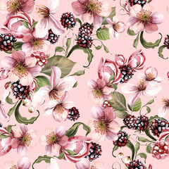 Watercolor seamless pattern of beautiful flowers and blackberries with green leaves. Illustration
