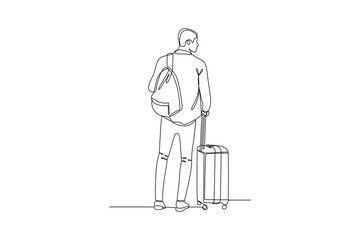 Continuous one line drawing Traveling with bag or suitcase concept. Doodle vector illustration.