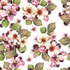 Watercolor seamless pattern of beautiful flowers and  blackberries with green leaves. Illustration - 726542129