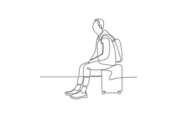 Continuous one line drawing Traveling with bag or suitcase concept. Doodle vector illustration.
