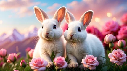 Fotobehang cute bunny couple on a mountain top of a flower © Pradeep leo