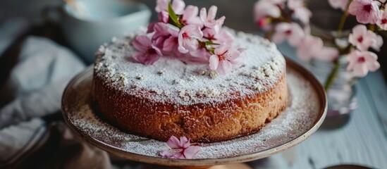 Obraz na płótnie Canvas Cake made at home, topped with powdered sugar and flowers.
