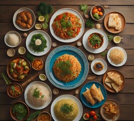 a table topped with lots of cakes covered in frosting Autumn food concept. Selection of pies, appetizers and desserts. Top view table scene over a rustic wood background. Generative Ai