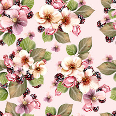 Watercolor seamless pattern of beautiful flowers and  blackberries with green leaves. Illustration - 726542182