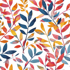 Seamless watercolor leaf pattern in autumnal hues. Botanical concept for textile print, fall season decor, wallpaper, and wrapping paper. Foliage background with a variety of colorful leaves.