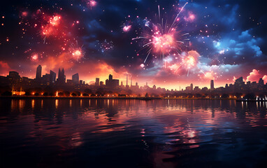 A beautiful sight of colorful fireworks in the night sky at the Festival of America
