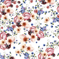 Watercolor seamless pattern of beautiful flowers and  blackberries with green leaves. - 726542717