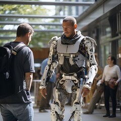 Man wearing high tech exoskeleton. Great for stories on robotics
