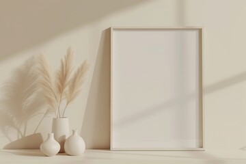 Frame mockup interior in beige colors with side view and glas