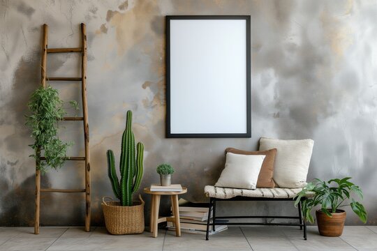 Interior design of living room with black poster mock up frame, shelf,  Grunge wall. Stylish home decor.