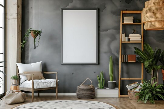 Interior design of living room with black poster mock up frame, shelf,  Grunge wall. Stylish home decor.