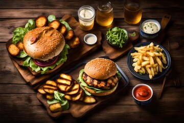 grilled chicken burger with vegetables and fries