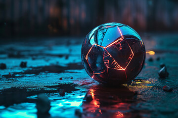 Futuristic silver soccer ball Close up of soccer ball in the dark street cyberspace. Shot with virtual screen background - Powered by Adobe