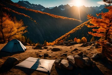 camping in the mountains at sunset