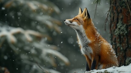 Fototapeta premium A photo of a small fox looking up at a giant, snow-covered pine tree in a winter forest. reddish-brown fox. low angle. winter wildlife photography style