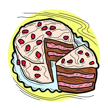 recommend clip art: Sweet dessert cake with fruits for celebration birthday party or wedding, tasty breakfast. For cafe, restaurant menu print, postcard or poster. Hand drawn illustration. Cartoon style line art drawing.