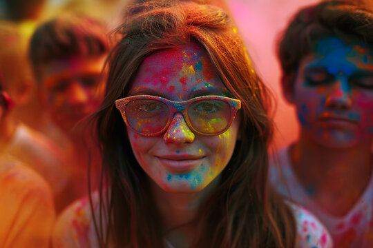 Close-up portrait of a woman in glasses looking at camera playing colorful powders during holi. Enjoying throwing colourful powder.