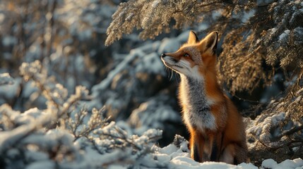 A photo of a small fox looking up at a giant, snow-covered pine tree in a winter forest. reddish-brown fox. low angle. winter wildlife photography style