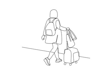 Obraz premium Continuous one line drawing Traveling with bag or suitcase concept. Doodle vector illustration.