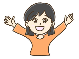 両手を広げて大喜びする笑顔の女性
