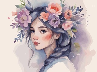 Watercolor painting of woman holding flowers.
