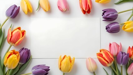 multicolored tulips on a white background of a postcard with a place for text. for greeting cards