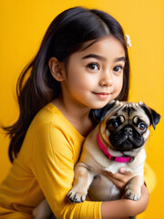 A captivating image capturing the essence of a young girl with an adorable pug, set against a vibrant yellow backdrop.