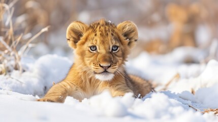 A lion cub in snow landscape, cute and adorable