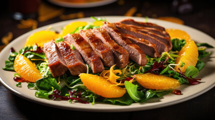 Appetizing duck salad with herbs and oranges on a dark background