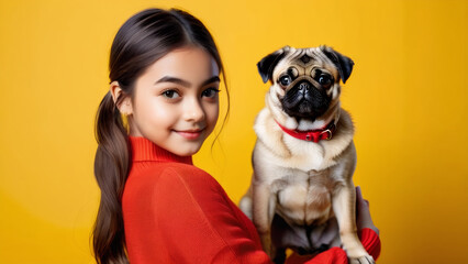 A captivating image capturing the essence of a young girl with an adorable pug, set against a vibrant yellow backdrop.