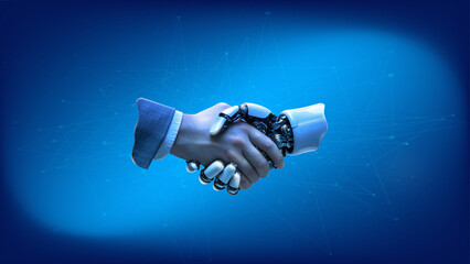 Male hand shaking 3D model of robotic hand over blue background. Conceptual design. Cooperation of...