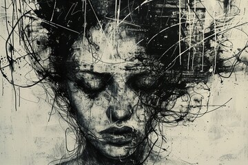 Illustration einer Frau mit Depressionen, Künstlerischer Ausdruck von Depressionen  - obrazy, fototapety, plakaty