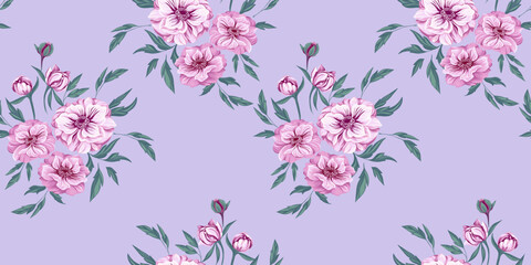 Elegance blooming bouquets flowers, buds and gently leaves seamless pattern. Vector illustration stylized abstract Trollius, Ranunculus asiaticus. Pastel purple artistic floral on a violet background