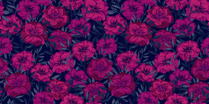Burgundy floral and leaves seamless pattern on a dark black background. Blooming ornate Ranunculus, Trollius, Globe flower. Vector hand drawn illustration. Abstract, artistic meadow printing