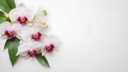 Fototapeta na wymiar orchids on a white postcard background with a place for text. for greeting cards