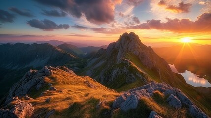 Spectacular scenery of massive rocky anayet mountain slope against sundown sky over majestic ridge and lake in pyrenees