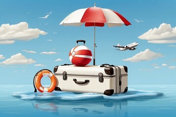 luggage or suitcase placed on water and on top of it is an umbrella there is plane in front and there was inflatable ball and blue lifebuoy placed next to it ,vector 3d for summer travel.
