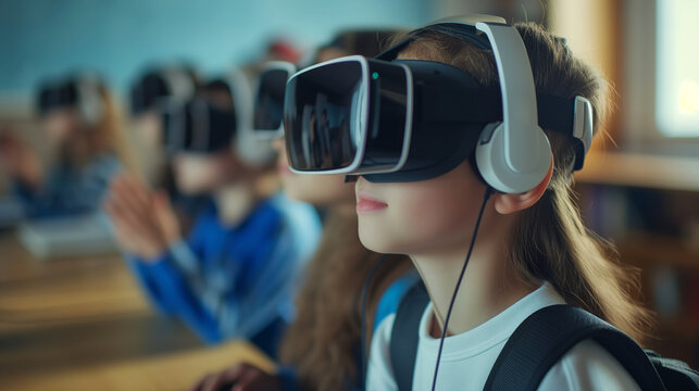 Virtual reality transforms the classroom for children. Engaged in immersive learning, they explore diverse environments, fostering curiosity and expanding educational horizons - Powered by Adobe
