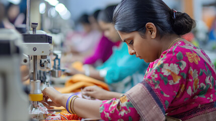 A woman supervisor oversees equipment and workers in a garment manufacturing factory in India, ensuring quality and production  - obrazy, fototapety, plakaty