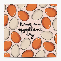 Funny birthday greeting card, poster, template, label with whole egg motif and pink background	